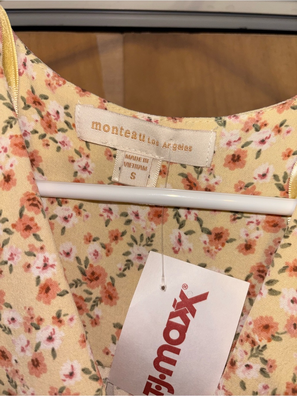 Monteau Yellow Floral Mini Dress with Pink & Peach Blooms